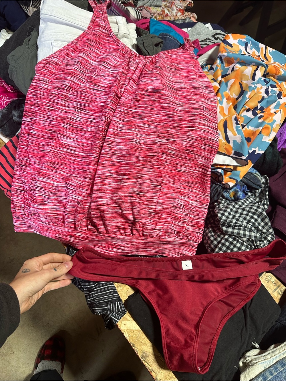 Pink Marled Tankini Top with Burgundy Bikini Bottoms
